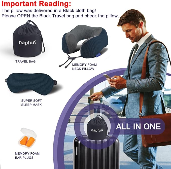 napfun Neck Pillow for Traveling, Upgraded Travel Neck Pillow for Airplane 100% Pure Memory Foam Travel Pillow for Flight Headrest Sleep, Portable Plane Accessories, Black Striped Kit