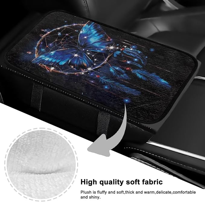 Blue Butterfly Console Cover Armrest Pad Soft Comfortable Car Armrest Cushion Anti-Slip Washable Car Center Console Lid Cover Accessories Fit Sedans,Cars,Vans,SUV,Truck