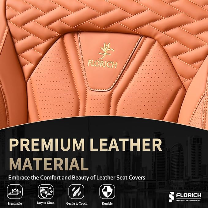 FLORICH Car Seat Covers Full Set Orange Seat Cover Front Seats and Back Leather Seat Covers for Cars Waterproof Car Seat Cushion Universal Car Seat Protector Fit for Most Cars Trucks SUVs