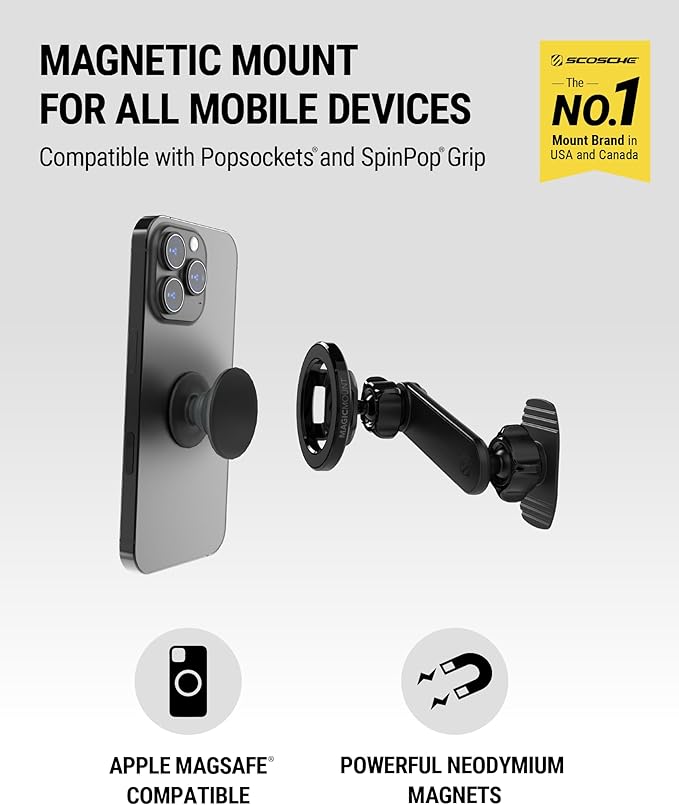 Scosche 5-in-1 MagSafe Car Mount Compatible with Popsocket, Magnetic Vent, Back-of-Display and Dashboard Cell Phone Holder, Tesla Phone Mount Compatible with iPhone 17/16/15/14/13/12, Samsung S25