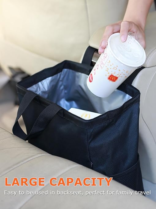 Ginsco New Leak-Proof Travel Car Trash Bag, 3.5 Gallons Large Capacity Hanging Car Trash Can with Hook and Loop Lid and Handle, Multipurpose Trash Bin with Storage Pockets for SUV RV Camping (Black)