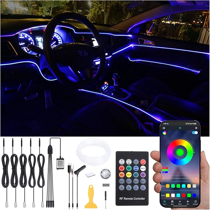 Car Ambient Lighting Optic Fiber 64 Colors Music Sound Active with RF Remote Control + APP Control Car Decorative Atmosphere Lighting Kit DC 12V 1W 6m