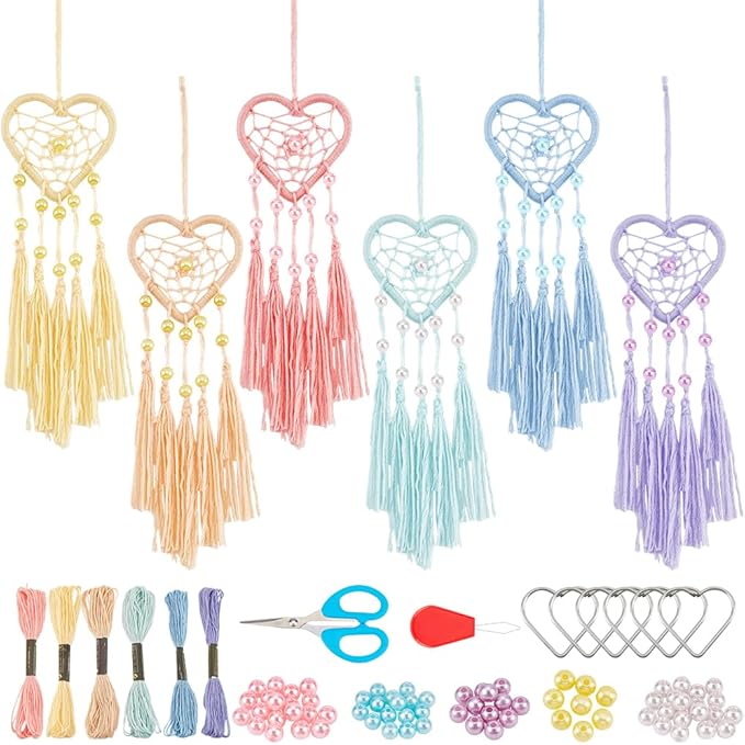 INFUNLY 6 Sets Dream Catcher Kit - Heart Small DIY Dream Catcher Making Kit - Boho Car Charms Pendant Accessories - Rearview Mirror Bag Charm