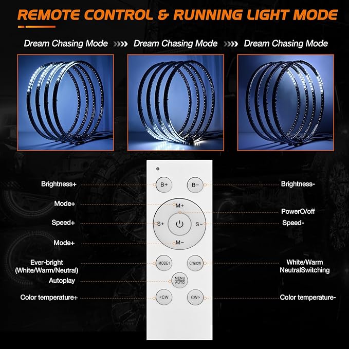 Nilight 4PCS 17inch Double Row LED Wheel Ring Lights Pure White with Remote Control w/Turn Signal Braking and Reverse Function Dual Row for Car Van SUV Truck
