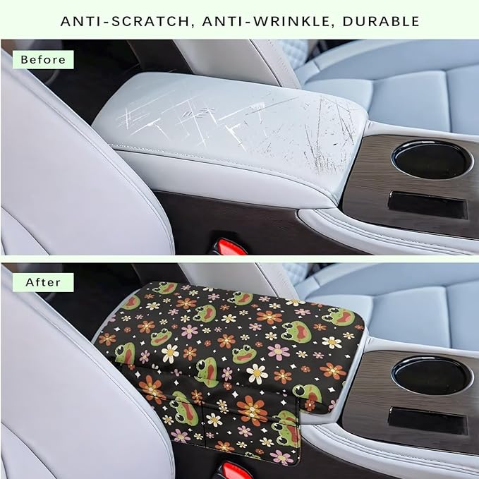 Dreaweet Car Center Console Cover with Pockets Cute Frog Car Accessories for Women Soft Thick Car Arm Rest Cover Pad Universal Armrest Cover for Car Truck SUV Van