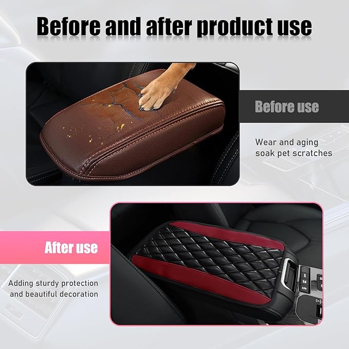 Car Center Console Cushion Pad, PU Leather Waterproof Auto Armrest Box Cover Protector, Comfortable Armrest Seat Box Cover Mat, Universal Car Accessories for SUV Truck (Wine Red)