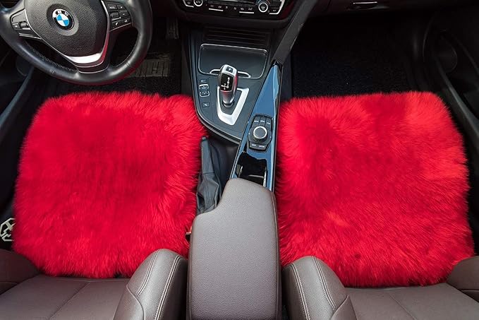 Winter Warmth: Universal Sheepskin Seat Cushion Cover - Natural Wool, for Cars, Trucks, SUVs & Vans - Cozy & Stylish Driving Companion Front Red