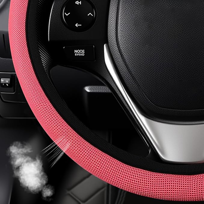 Red Mesh Steering Wheel Cover, Universal 15 inch, Elastic Stretch Microfiber Breathable Ice Silk Cover, Anti-Slip, Odorless, Sweat Absorption, Warm in Winter and Cool in Summer
