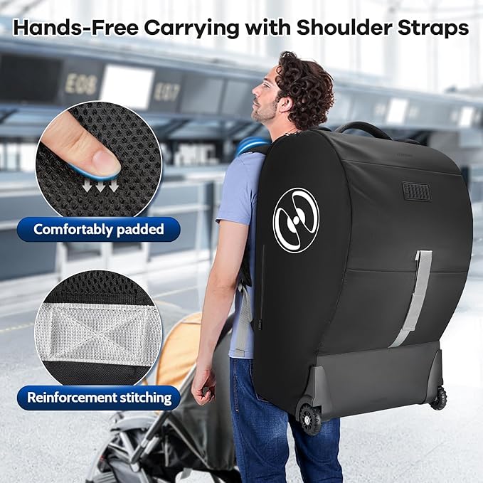 YOREPEK Infant Car Seat Travel Bag Backpack with Wheels, Fits for Doona Car Seat Stroller, Padded Carseat Bags for Air Travel with Shoulder Strap, Car Seat Storage Bag for Airplane with Side Pocket