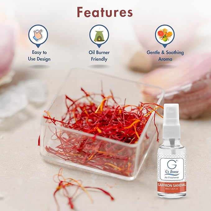 G's Breeze Saffron Sandal Air Freshener – Exotic Blend of Sandalwood & Saffron – Enrich Your Home, Car, and Office With Rich Woody Aroma – Create a Long-Lasting and Inviting Atmosphere Anywhere