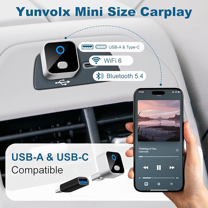 Wireless CarPlay & Android Auto Adapter, One-Click Switch Mini Size WiFi 6 & Bluetooth 5.4 Adapter, Fast Auto-Reconnect, Compatible with iOS 10+/Android 11+, for Factory Wired CarPlay Cars
