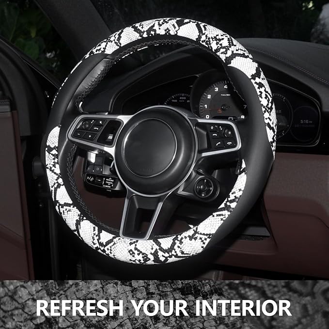 ZHOL Snake Skin Steering Wheel Cover Leather 14.5-15 Inch, Reversible Car Steering Wheel Cover for Women Men, Anti-Slip Design, Universal Fit for Cars, SUVs, Black&White