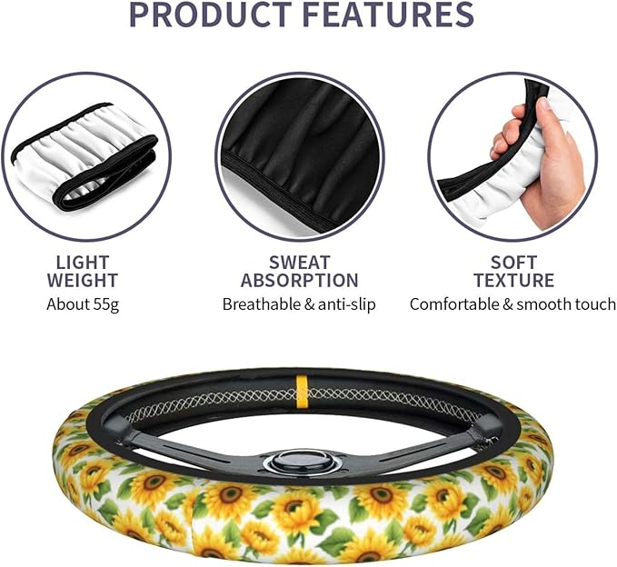 Sunflower Cute Steering Wheel Cover Non-Slip Breathable Sweat-Absorbent Suitable for SUV Van Truck Car Universal Protection Accessories 15 Inch Suitable for Women Men