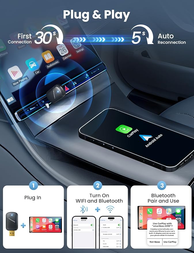 Mini Wireless Carplay and Android auto Adapter with Fastest Connection Car, No Latency Wireless Carplay Adapter, for Cars from 2016 & Phone with iPhone 6 or Above/Android 10+, USB-A/Type-C Black