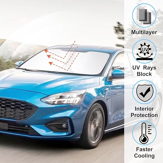 Windshield Sun Shade Custom Fit for 2012-2018 Ford Focus Hatchback Accessories Foldable Sunshade Sun Blocker Protect Car from Sun Rays & Heat Damage Keep Car Cooler