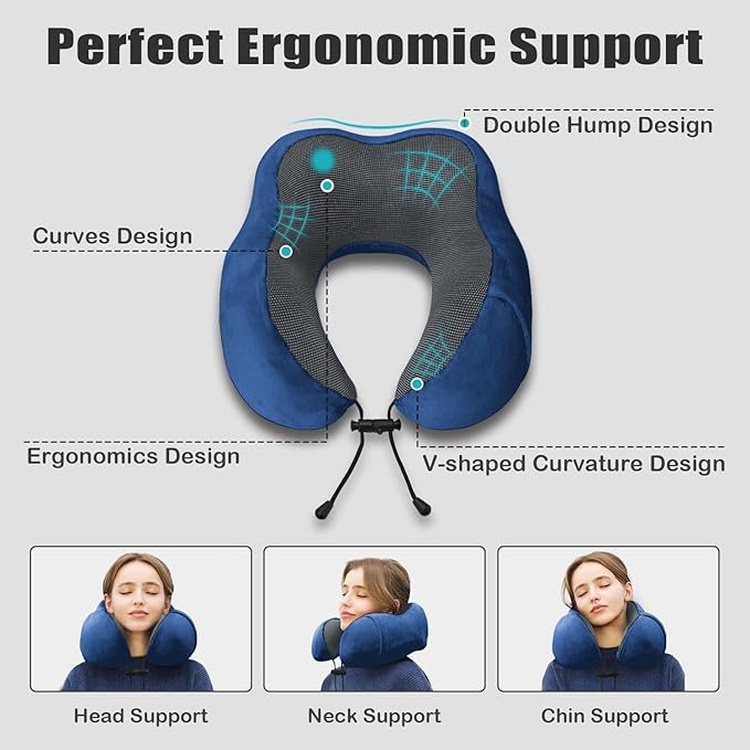 Travel Pillow, Memory Foam Neck Pillow for Traveling, U Shape Neck Pillow Airplane Portable Flight Pillow Travel Kit with 5D Contoured Eye Masks and Earplug for Plane Train Car Home Office - Blue