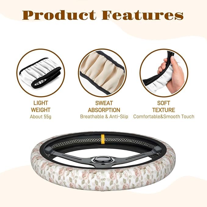 Steering Wheel Cover Accessories Neoprene Cover, Breathable Non-Slip Easy to Install Suitable for Women Men, 14.5-15.5 Inch for Car SUV Van Truck Universal - Pink Rose
