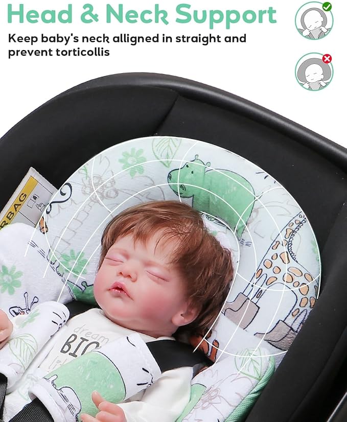 Infant Car Seat Insert, Enlarged Head Support For Baby Carseat, Reversible Newborn Insert With 3 Strap Covers, 2-in-1 Baby Car Seat Cushion for Stroller, Swing, Bouncer, Rocker - Blue Giraffe