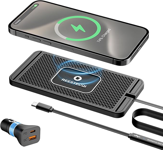 Wireless Charging Pad for Car, REESTECQI 15W Wireless Car Charger Pad Type C Charging Mat Non Slip [PD 40W Car Charger Incl] for Airpods iPhone 16/15/14/13, Samsung S24/S23/S22 (1 Meter Cable)