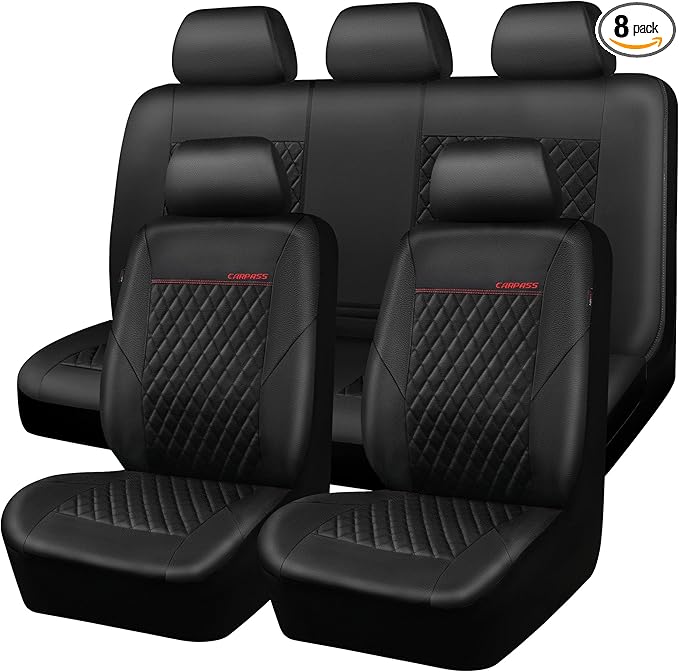 CAR PASS Quilting Faux Leather Seat Covers Full Set, Waterproof Deluxe Premium Seat Cover with 5mm Composite Sponge Inside, Airbag Compatible Auto Seat Cover Universal Fit for 95% Sedan SUV Van, Black
