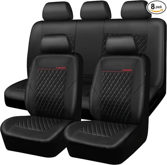 CAR PASS Quilting Faux Leather Seat Covers Full Set, Waterproof Deluxe Premium Seat Cover with 5mm Composite Sponge Inside, Airbag Compatible Auto Seat Cover Universal Fit for 95% Sedan SUV Van, Black
