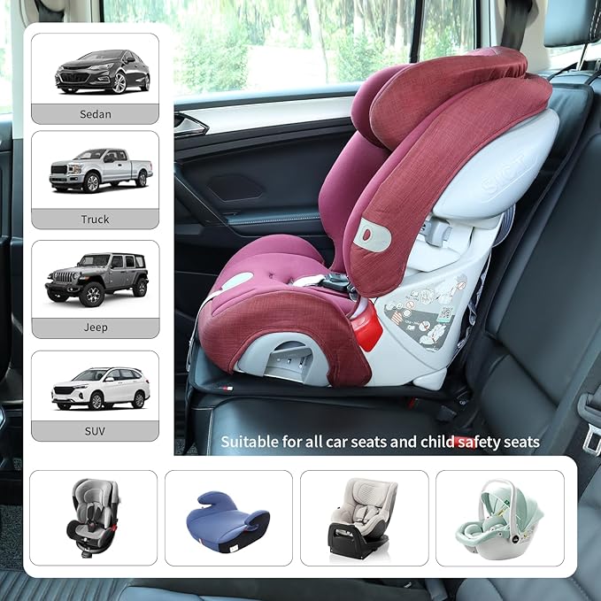 Car Seat Protector Leather Waterproof Child Safety Seat Protector Cover with Thick Pad and 2 Large Pockets Durable Kick Mat for All Auto Seat (Black)