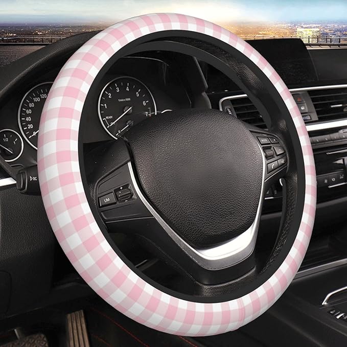 Thickened Elastic Steering Wheel Cover, Girly Pastel Pink Gingham Plaid Ultra, Soft, Breathable, Fit for Cars, SUVs, Trucks, Stylish Comfortable Grip