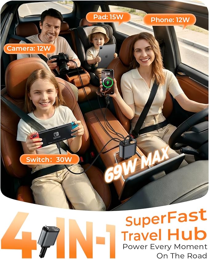 2026 MimAuto 4 in 1 Retractable Car Charger, Car Charger USB C Fast Charger, Car Phone Charger for iPhone 17/16/15/14/13, Samsungs, Tablets, Dash cams, Switch, Gray Car Accessories for Men Women