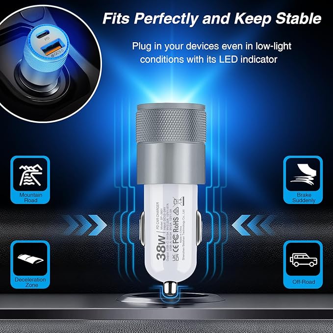 Car Charger, 2 Pack 38W Dual-Port USB-C & USB-A Cigarette Lighter Adapter USBC Car Charger Fast Charging for iPhone16e 16 15 14 13, Samsung S25 S24 S23, Pixel Cargador para Carro Phone Plug