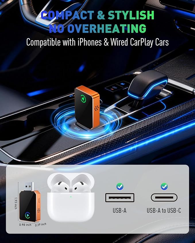 SPIRITIME Wireless CarPlay Adapter for iPhone, 2026 Upgraded 2-in-1 Android Auto CarPlay Wireless Adapter, Convert Wired to Wireless, Fast & Stable (Cosmic Orange)