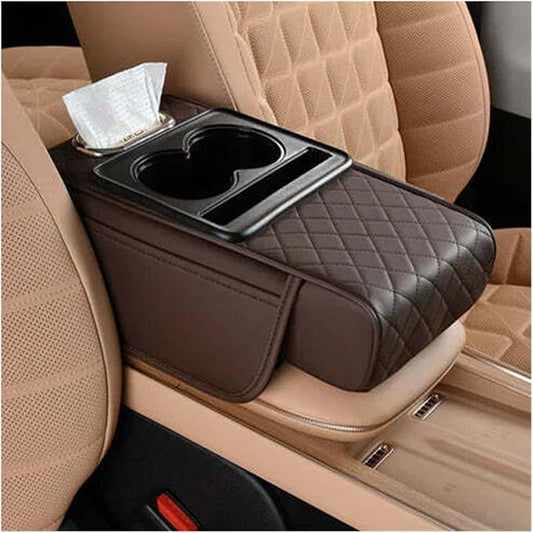 Car Armrest Box Thicken Height Pad Arm Rest Cushion Memory Cotton Elbow Universal Auto Interior Storage Tissue Organizer(Black Brown)