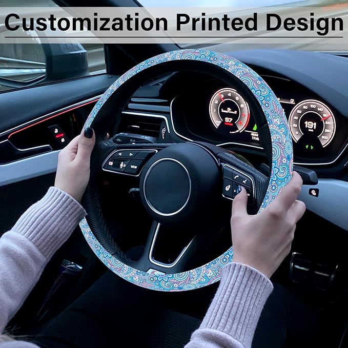 Blue Bohemian Pattern Steering Wheel Cover, Cute Print Steering Wheel Cover Protector, Ultra Thin Breathable Non-Slip, Car Accessories for Women, for Steering Wheel with a Diameter of 14.5"-15"