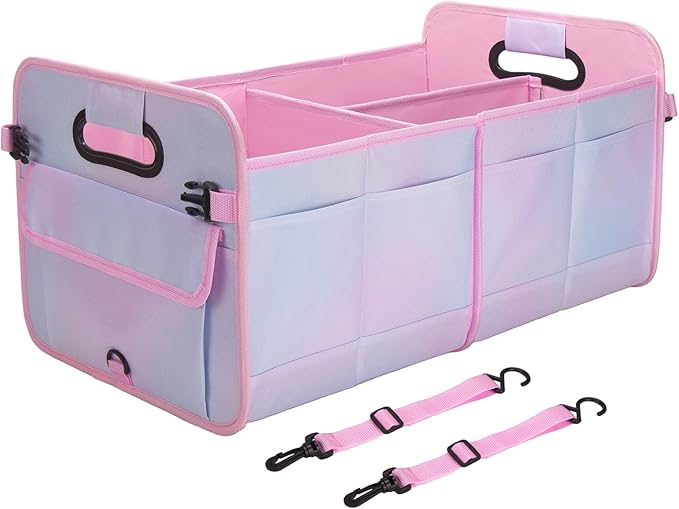 titiyiof Trunk Organizer For Suv&Sedan,Car Organizers & Storage, Waterproof Collapsible & Adjustable Straps,70L Sturdy Car Organization for Car Accessories,Tools,Sundries,2-3Compartment(Colorful Pink)