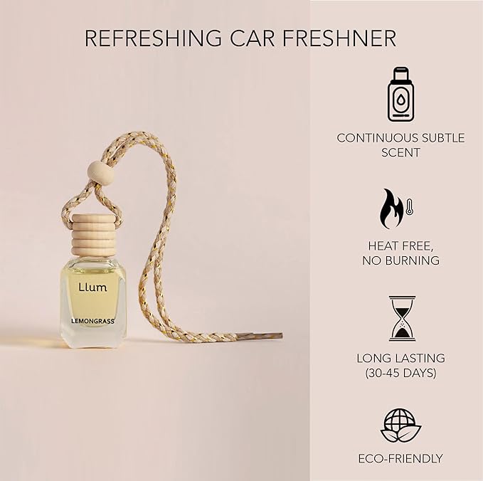 Llum Lemongrass Hanging Car Air Freshener – Luxury Automotive Perfume Diffuser 10ml (0.34 fl oz), Long-Lasting Fragrance, Alcohol-Free Non-Toxic Scent, Glass Bottle With Wood Cap & AC Vent Clip