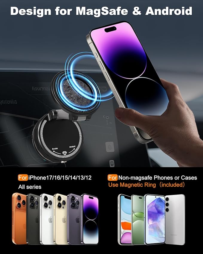 2026 Gen-3 Magnetic Phone Holder for MagSafe Car Mount,360° Adjustable Vacuum Suction Phone Mount for Car/Mirror/Home/Travel,Suction Cup Mount for iPhone 17/16/15/14/13/12/Android (Black)