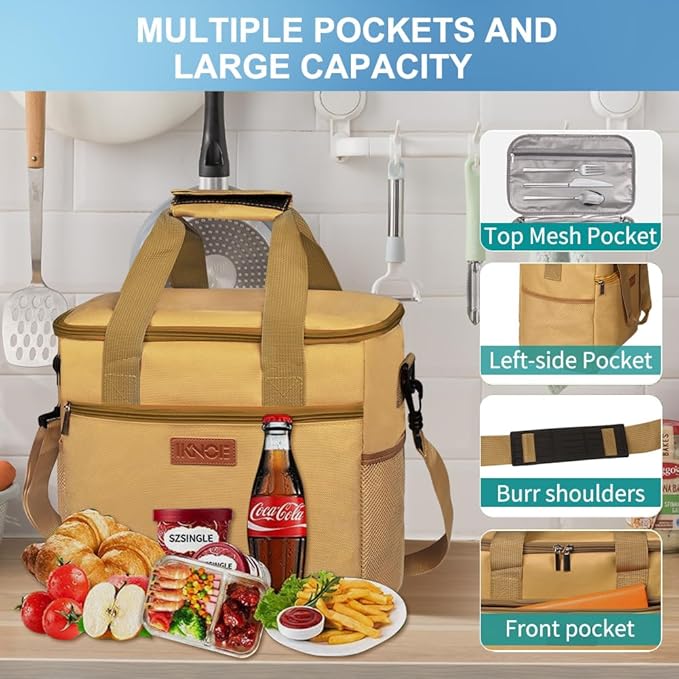 Iknoe Large Cooler Bag Collapsible 24 Can Insulated Bags Leakproof Lunch Cooler Tote with Multi-Pockets for Adult Insulated Thermal Bag for Beach, Picnic, Office Work(Khaki)