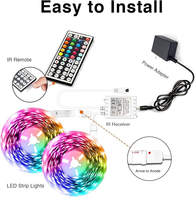 dalattin Led Lights for Bedroom 130ft RGB Led Strip Lights Color Changing Kit with 44 Keys Remote Controller and 24V Power Supply Led Light Strips Indoor Decoration,2 Rolls of 65ft