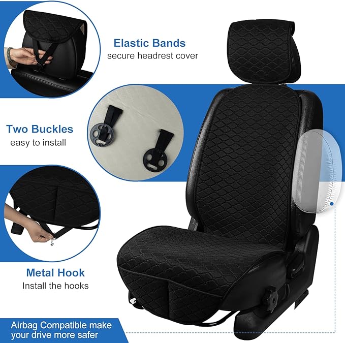 2 Pack Car Seat Covers, Front Seat Covers for Cars, Breathable Linen Car Seat Protector, Universal Fits for Most Automotive, Vehicles, SUVs, Cars, Sedans(Black)