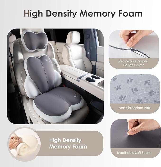 FLORICH 3 PCS Seat Cushion for Carseat Lumbar Support Pillow Car Neck Headrest Pillows Ultrathick Memory Foam Seat Pads Pressure Relief Back Cushion for Office Chair(Beige Grey)