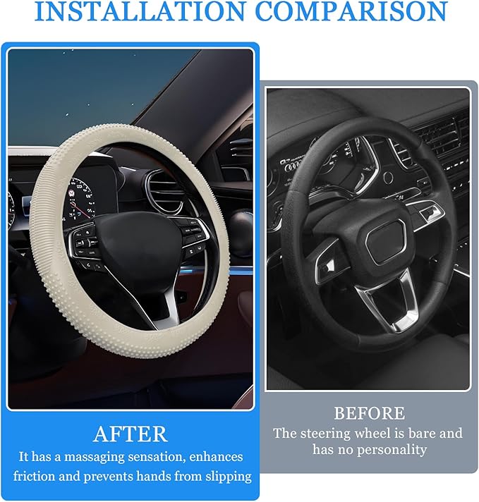 Wuyaoyao Car Steering Wheel Cover, Anti-Slip Silicone Steering Wheel Cover Protector, Non-Slip Massage Grip Auto Wheel Cover Fits 14-15 Inch, Universal Interior Car Accessories (Beige)