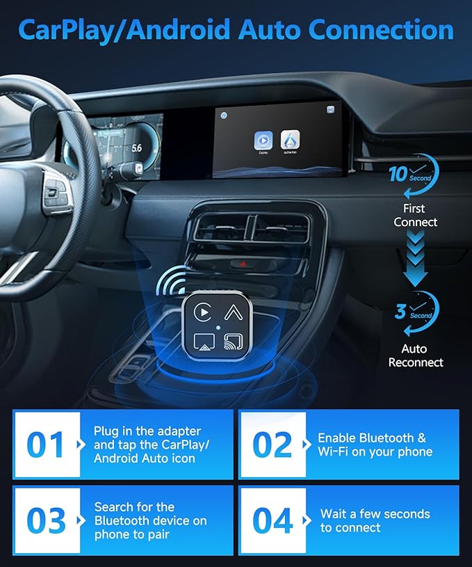 2026 4 in 1 Mini Wireless CarPlay Android Auto Adapter, Support AirPlay MirrorLink, Convert Wired to Wireless, Auto Connect for Daily Commute, Plug and Play Dongle (Gunmetal Grey)