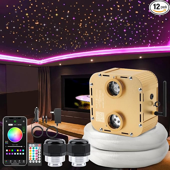 32W Twinkle Starlight Headliner Kit, 1600pcs*0.03in*13.1ft LED Fiber Optic Lights Kit, Star Ceiling Light+10 Crystals+Adapter+Car Use Plug for Car Roof/Home with APP/Remote/Music Mode