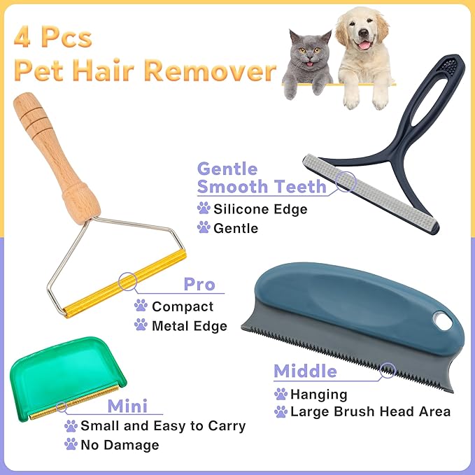 4 Pack Pet Hair Removal Tool, Cleaner Pro Pet Hair Remover for Cat and Dog, Reusable Carpet Scraper Lint Remover, Lint Shaver for Couch, Carpet, Clothing, Bedding, Car, Furniture, Pet Towers