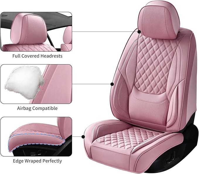 Car Seat Covers Full Set Pink, Luxury Faux Leather Car Seat Covers Waterproof Non-Slip Seat Protector Universal Fit for Most Cars SUVs Trucks Pick-ups, Cute Pink Car Accessories for Women