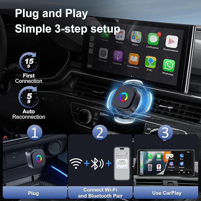 Ultra Mini Wireless CarPlay Adapter with A9 Chip, 5.8GHz Low Latency WiFi, 3-5s Fast Auto Connect, Universal Wireless Apple CarPlay & Android Auto for Factory Wired Cars