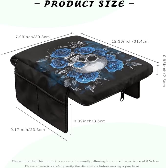 Tupalatus Skull Center Console Cover Breathable Armrest Cushion Cover Pad Water-Resistant Rose Comfort Padded Arm Rest Covers with Storage Pockets Fits Most Cars, Trucks, SUVs
