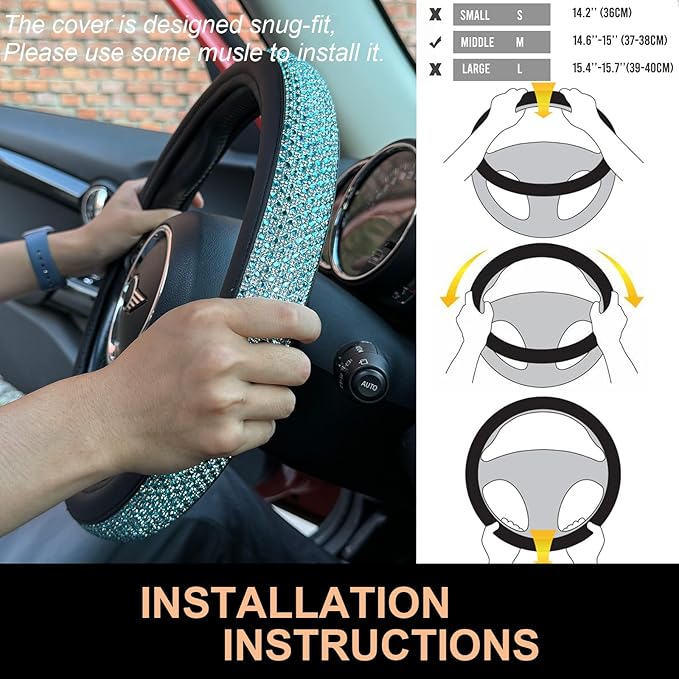 PINCTROT Bling Bling Comfy Steering Wheel Cover with Jumbo Crystal Rhinestones, Anti-Slip Diamond Leather, Universal 15 Inch (Sky Blue)