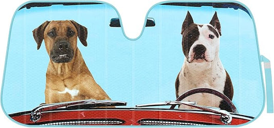 2 Dogs Driving Front Windshield Sun Shade - Accordion Folding Auto Sunshade for Car Truck SUV - Blocks UV Rays Sun Visor Protector - Keeps Your Vehicle Cool - 58 x 28 Inch