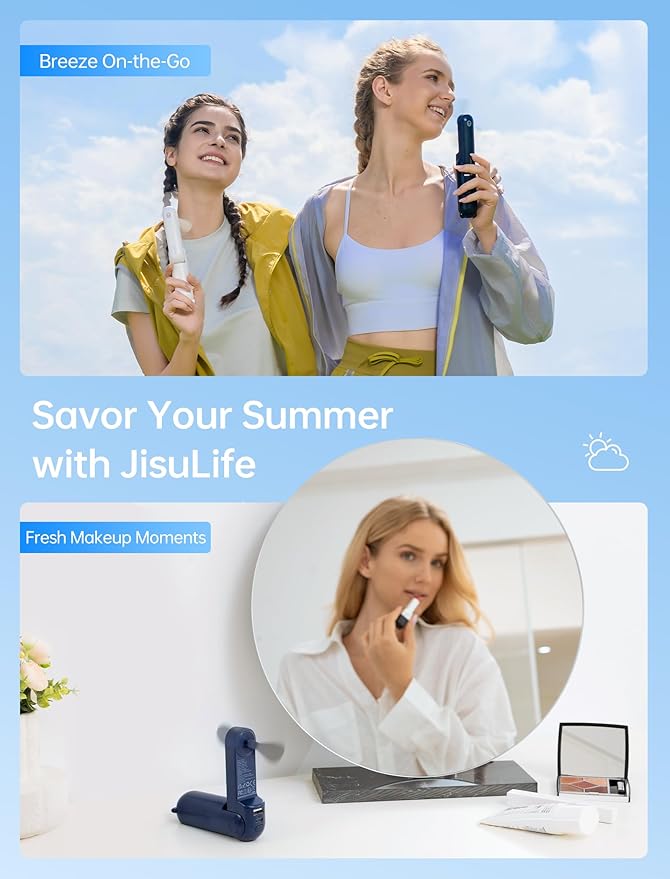 JISULIFE 3 IN 1 Handheld Mini Fan - Portable Fan & Power Bank & Flashlight, 19H Max Cooling, USB Rechargeable, Pocket-Sized for Travel, Cruise, Concerts, Makeup, 2026 Summer Gifts for Women(Blue)