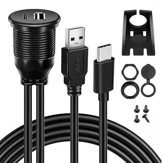 Dual Port USB A/C 2.0 Male to USB A/C 2.0 Female Extension Cable,Flush Mount Waterproof Panel Cable for Car,Truck,Boat,Motorcycle Dashboard 3.3ft